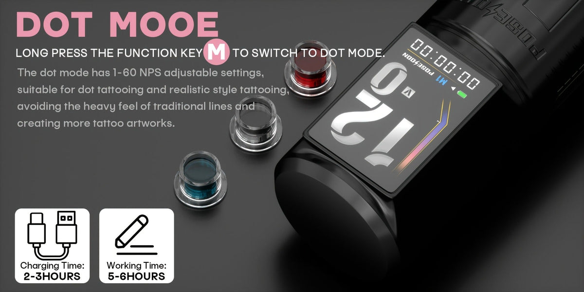 Tattoo Machine Kit POSEIDON BT29 Wireless Rotary Pen with LED Color Screen, 2300mAh Battery, 10 Cartridges and 11 Inks — imag