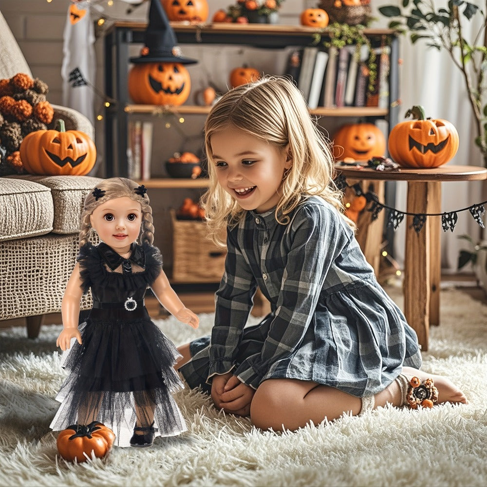 18 Inch Doll Halloween Costume Black Tulle Cake Dress with Black Bow Hair Clip with the Listed Color, Size or Set Options for