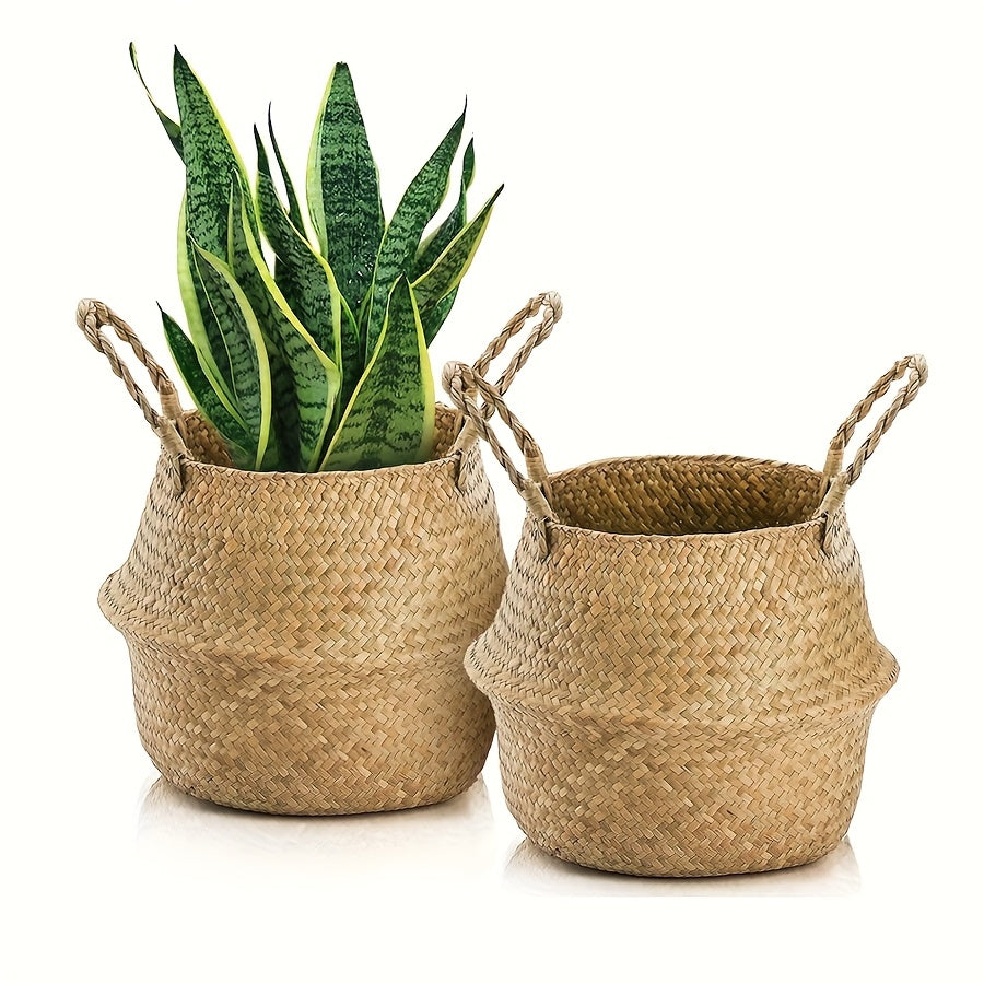 Rattan Bamboo Storage Baskets 2-Pack with Handles, Foldable 12.6 x 11.02-Inch Handheld Organizers — image 1