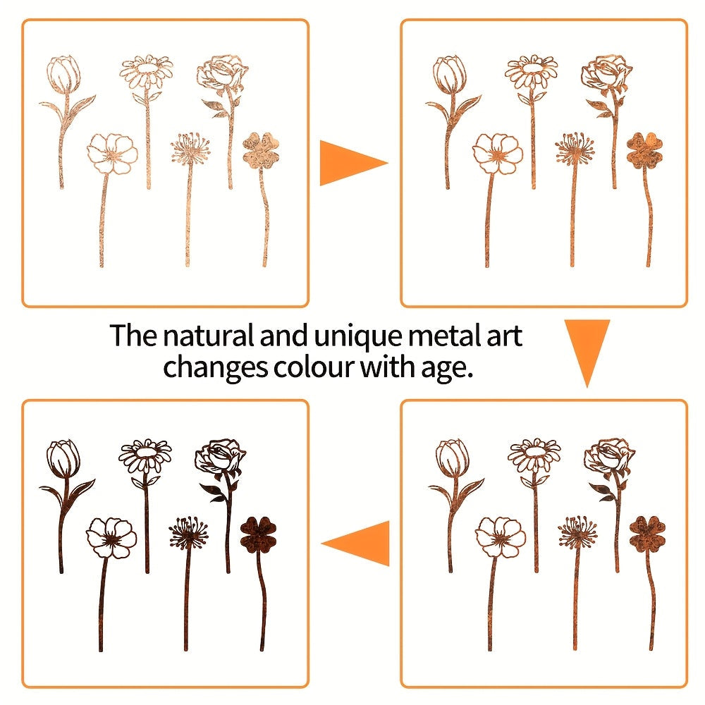 Rustic Flat Metal Flower Garden Stakes, Six-Piece Rose, Daisy and Botanical Set for Pots and Borders — image 8