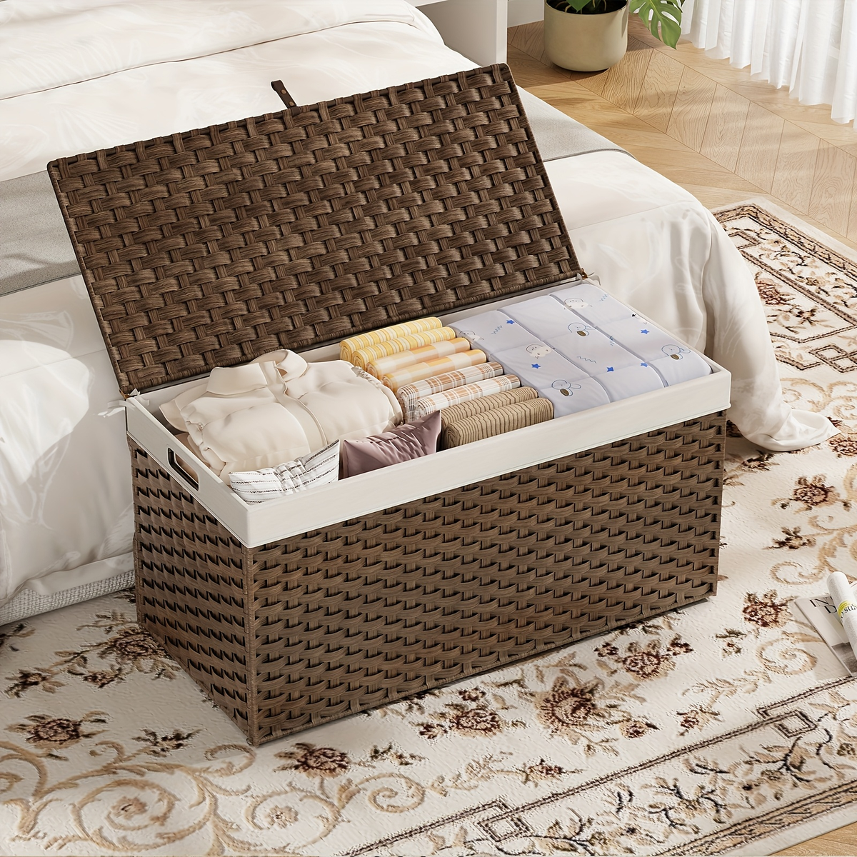 Large Wicker Storage Basket with Lid, Handles, Soft Lining, Metal Frame in a 220L Lidded Format — image 7