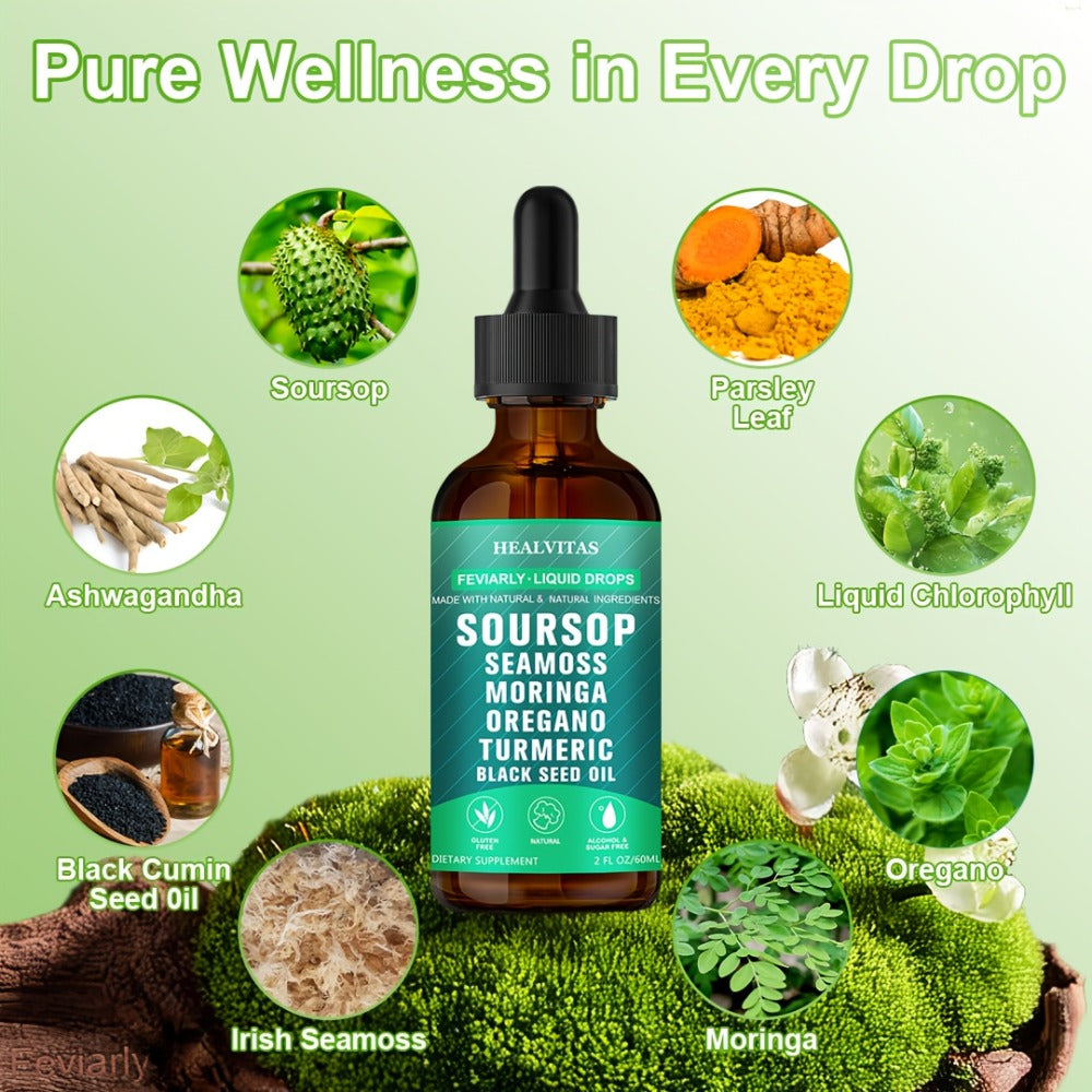 Soursop Bitters Liquid Drops 10-in-1 with Sea Moss Moringa Turmeric Black Seed Oil Oregano for Bath Time, Home Spa and Person