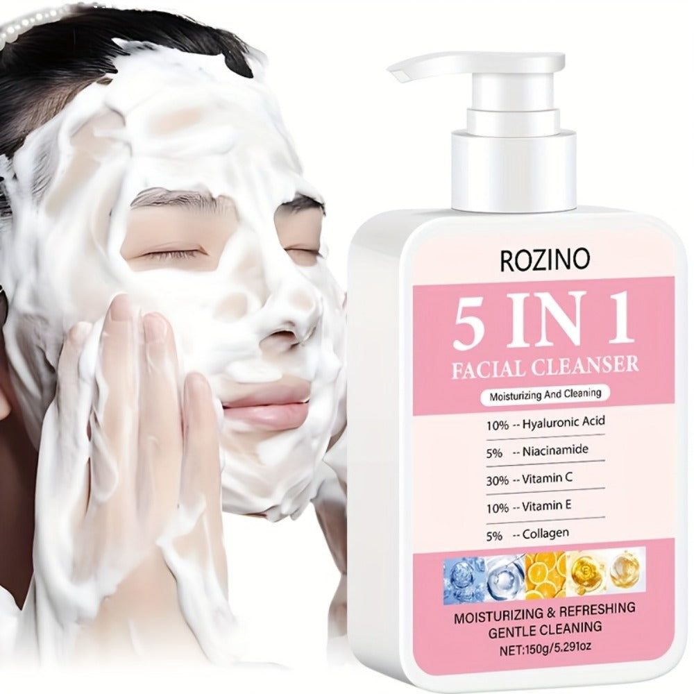 Brightening Face Wash 5-in-1 with Hyaluronic Acid Niacinamide Vitamin C Vitamin E & Collagen – Rich Foam Deep Cleansing Moist