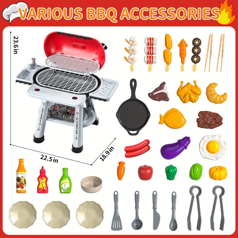 Kids BBQ Grill Playset Two-Tier for Grilling, Camping and Outdoor Meals with Toy Food Meats Fruits Spices & Working Water Tap