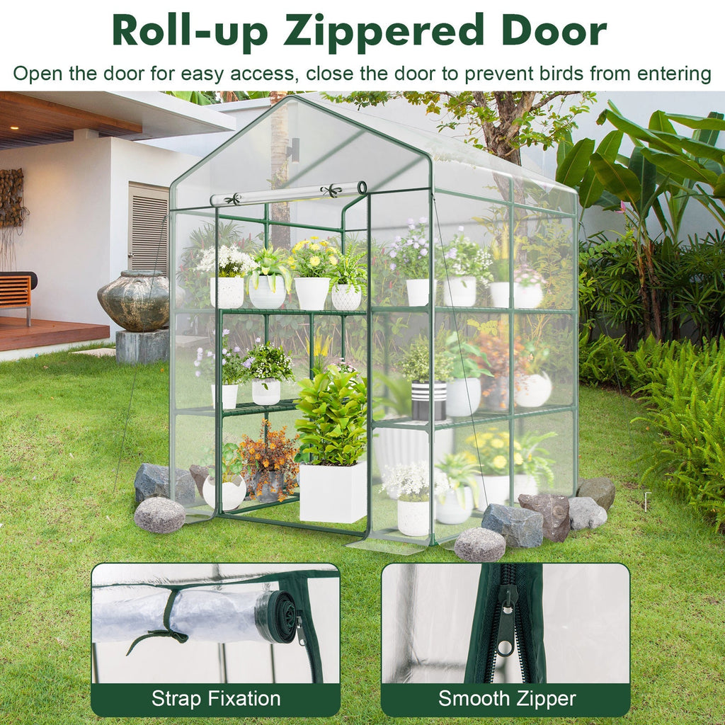 55 x 57 x 77-Inch Walk-In Greenhouse with Transparent Cover, Roll-Up Door and Eight Side Shelves — image 2