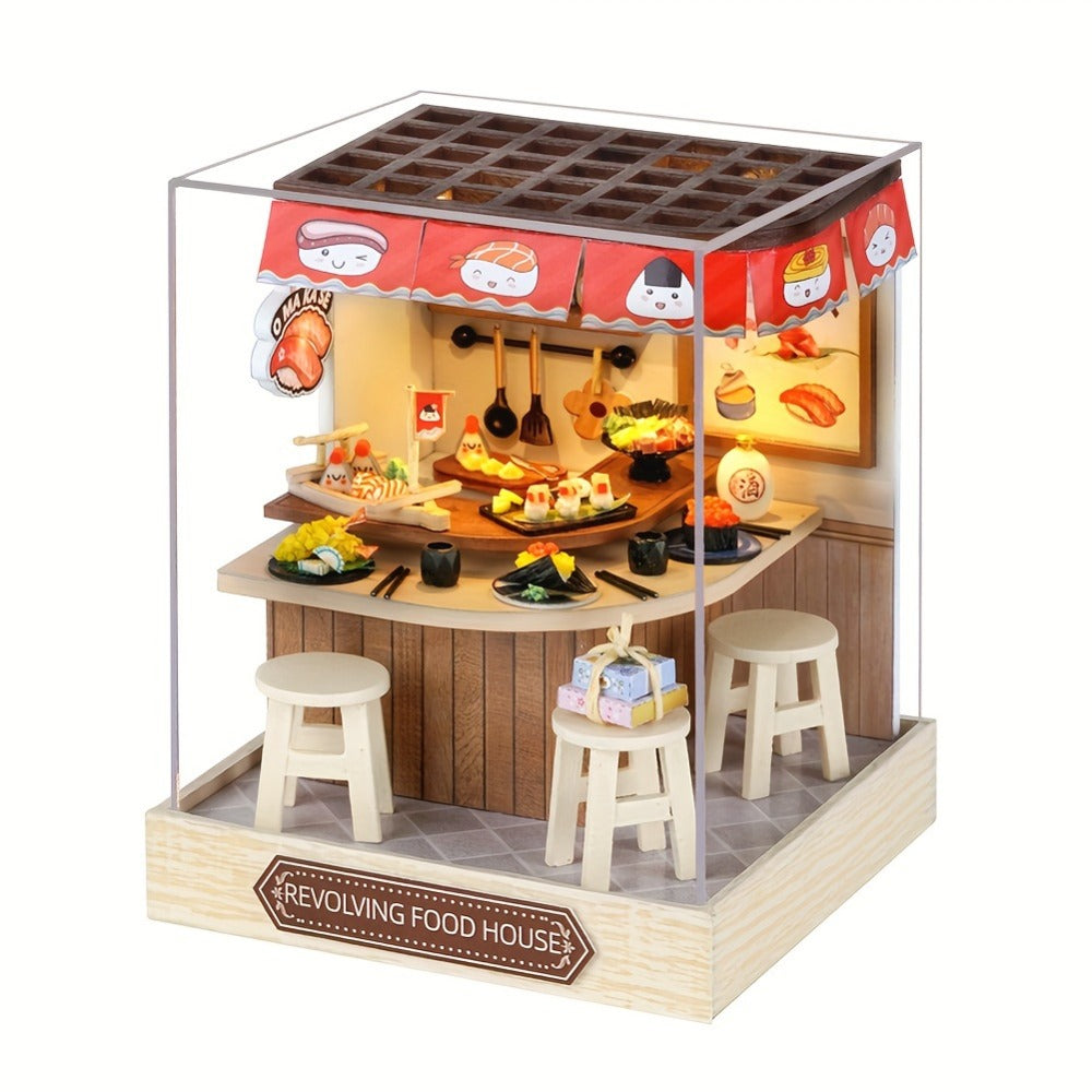 DIY Wooden Tiny House Kit with Dust Cover, Handmade Miniature Dollhouse Puzzle, 3 Themes Afternoon Tea Rotating Food House Mo
