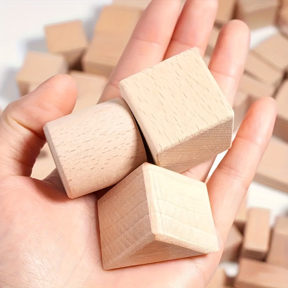 Natural Beech Wood Blocks 100 Piece Unpainted Solid Wooden Building Set, STEM Logical Thinking Toy for Kids Ages 3-12 — image