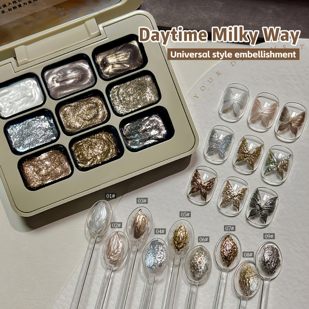 Shimmer Nail Art Gel Nine-Color Grid Palette with Metallic Neutral or Milky Way Color Selection — image 2