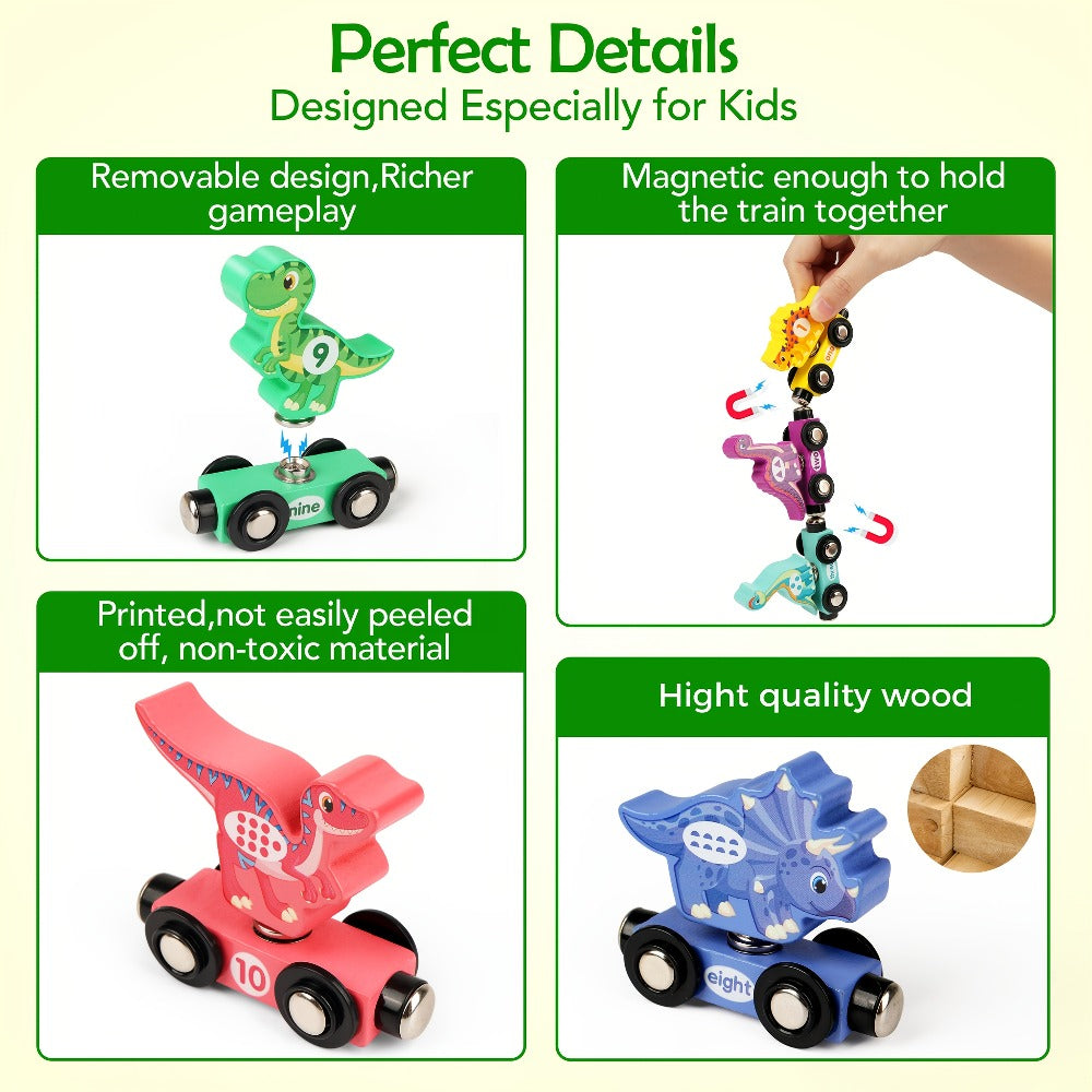 Magnetic Dinosaur Number Train Set for Kids Ages 3-5, 11PCS Wooden Magnetic Train Toy with Engine & Numbered Cars — image 5