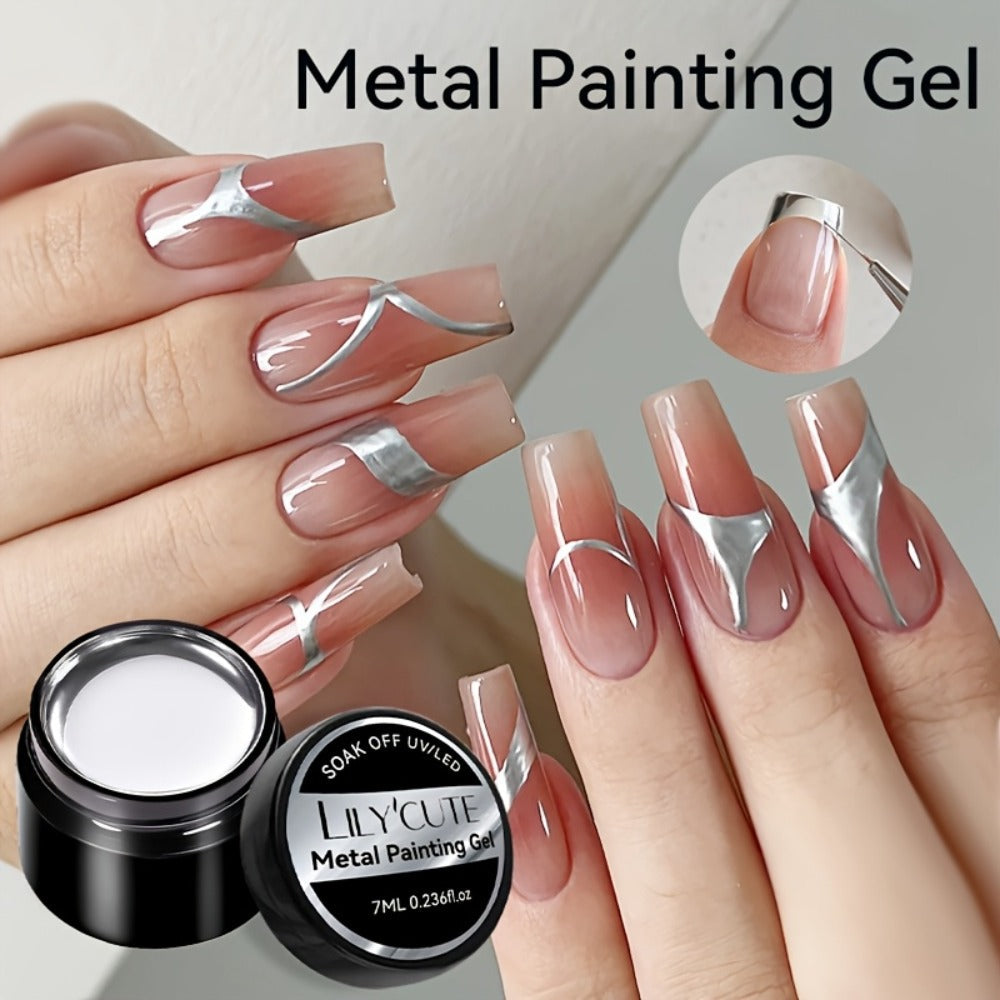 Metallic Silver Nail Art Painting Gel in 7ml LILYCUTE Jar with Fine Detail Brush for Lines and Floral Patterns — image 3