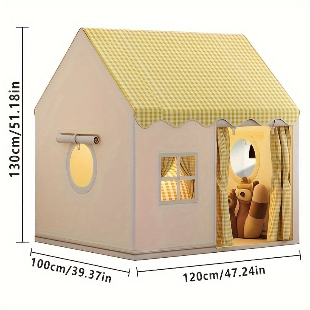 Checked Cabin Kids Play Tent in Pink, Khaki or Yellow with 130 x 120 x 100cm House Frame and Scalloped Roof — image 8