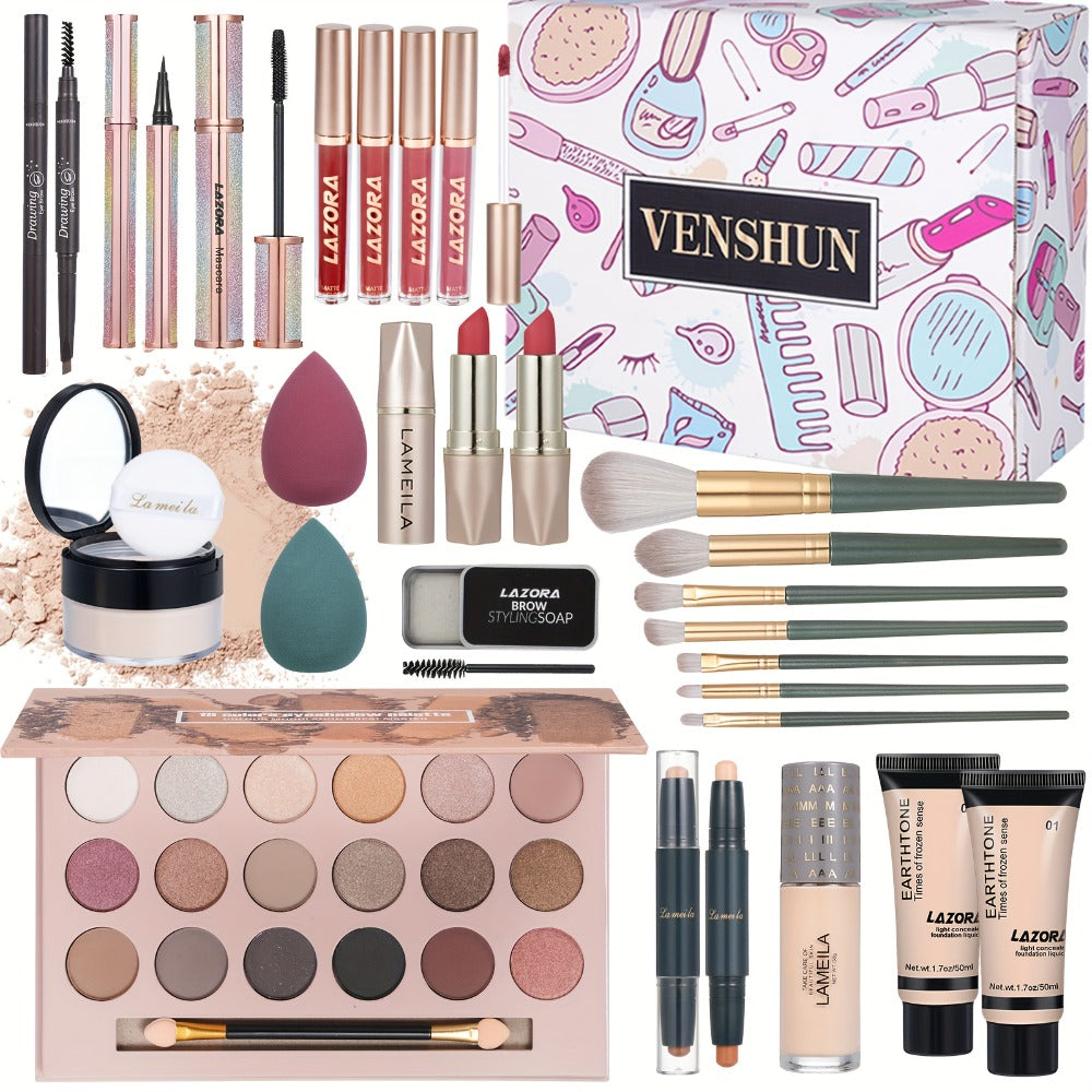 Full Face Makeup Gift Set for Women, Foundation, 18-Color Eyeshadow Palette, Coral Lipstick & Eyebrow Pencil — image 8