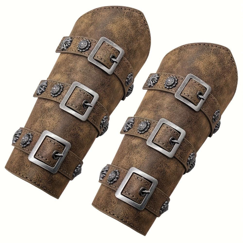 Viking Medieval Leather Arm Guards Bracers – PU Leather Knight Gauntlets Adjustable Metal Buckles Rivets for Men Women Hallow