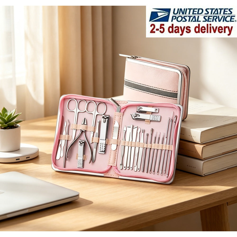 Manicure Pedicure Set 26pcs Pink Stainless Steel – Precision Nail Clippers Cuticle Nipper & Dead Skin Scissors 45° Blade Prof