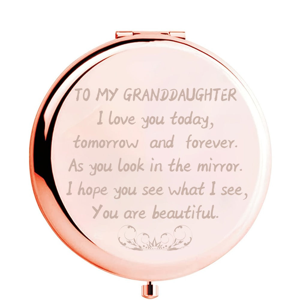 Rose-Gold Granddaughter Compact Mirror with Regular and Magnifying Views, Engraved Message and 2.9 x 2.6-Inch Case — image 1