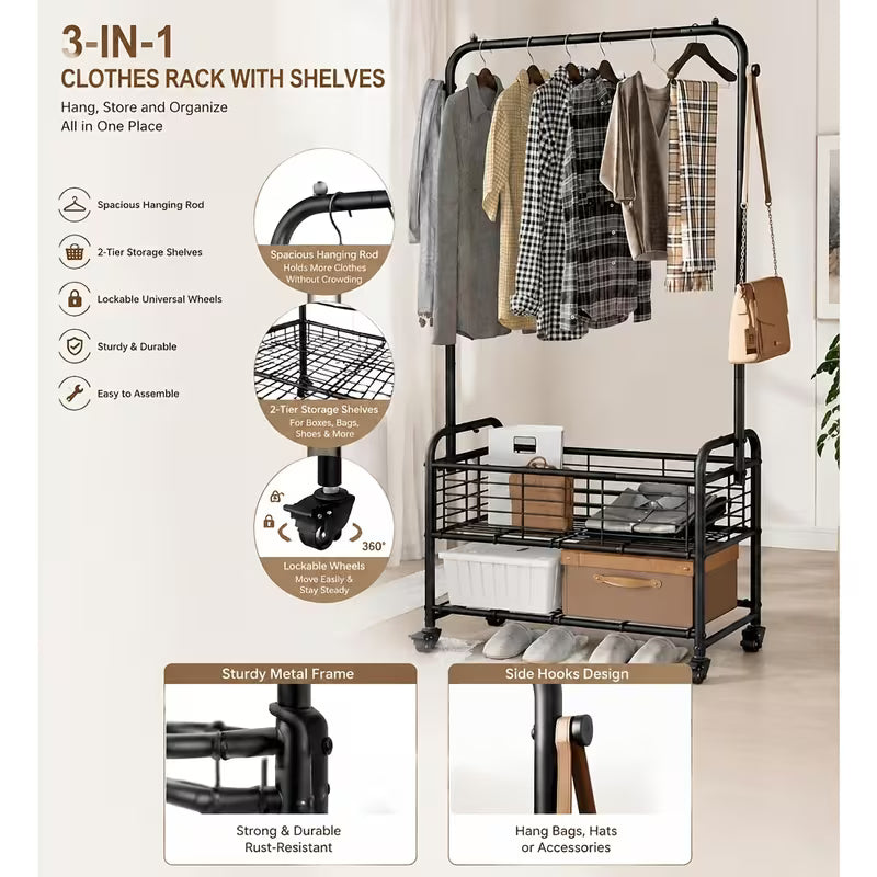 Metal Rolling Laundry Cart with Hanging Rack and Storage Shelf