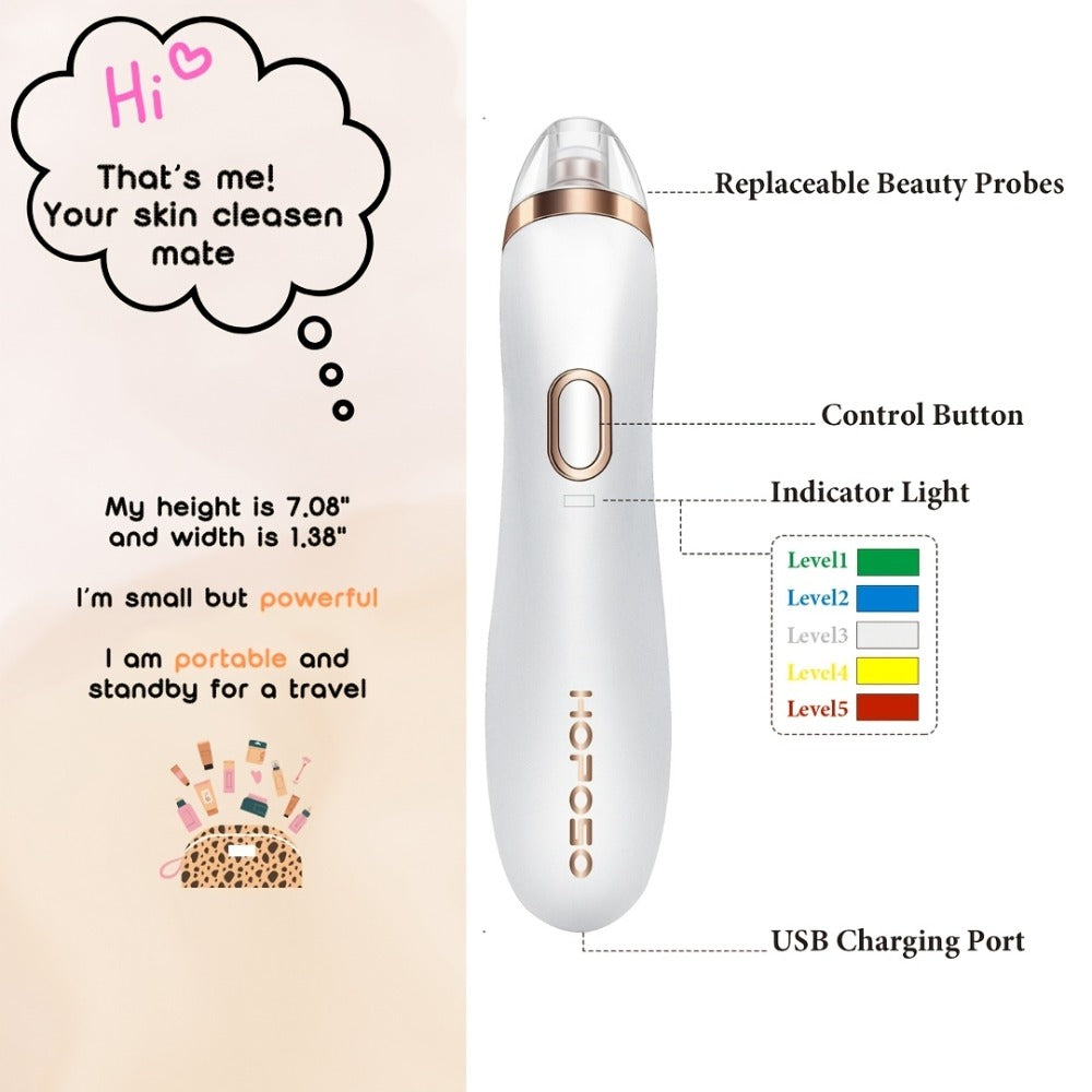 Blackhead Remover Vacuum Pore Cleaner 5 Adjustable Suction Levels - 4 Probe Heads 600mAh for Bath Time, Home Spa and Personal