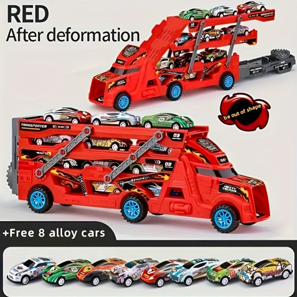 Transforming Launcher Truck Playset with 8 Alloy Cars, Foldable Storage Transporter Toy, Car Carrier Truck with Launch Ramp —