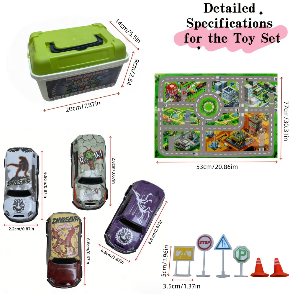Dinosaur Toy Car Set 29-30pcs, Mini Pull Back Racing Cars with T-Rex Spinosaurus Pterodactyl Figures & City Traffic Map — ima