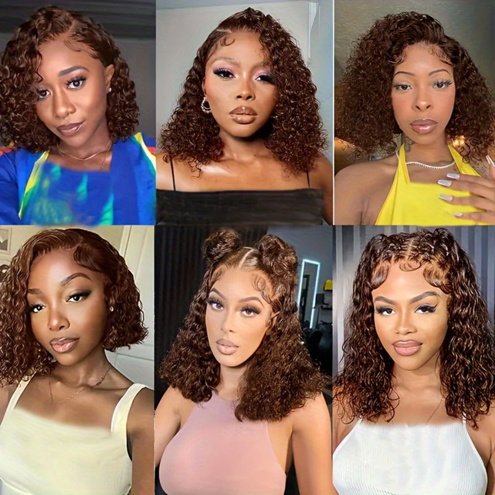 4x4 HD Lace Closure Curly Bob Wig Reddish Brown #33 Human Hair Pre-Plucked Glueless Short Bob with Baby Hair 20 Inch Warm Aub