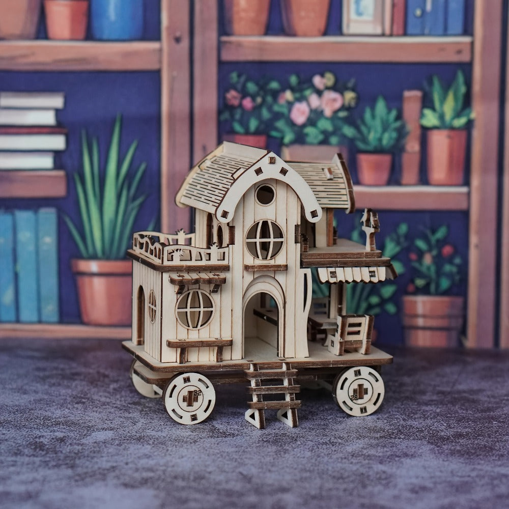 3D Wooden Puzzle Mobile Home on Wheels – DIY Café Bar Model Kit, Handcrafted Miniature House Assembly, Unique Desk Decoration