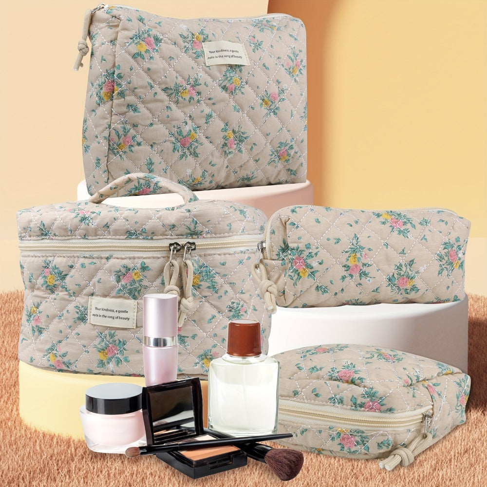 Makeup Bag Four-Piece Quilted Cotton Floral Pouch Set in Five Styles for Travel, Vanity and Everyday Beauty Storage — image 5