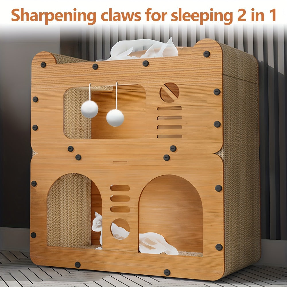 Double- or Three-Level Cat Tree Condo with Wood-Look Panels, Doorway Cutouts and Scratch Liners — image 3