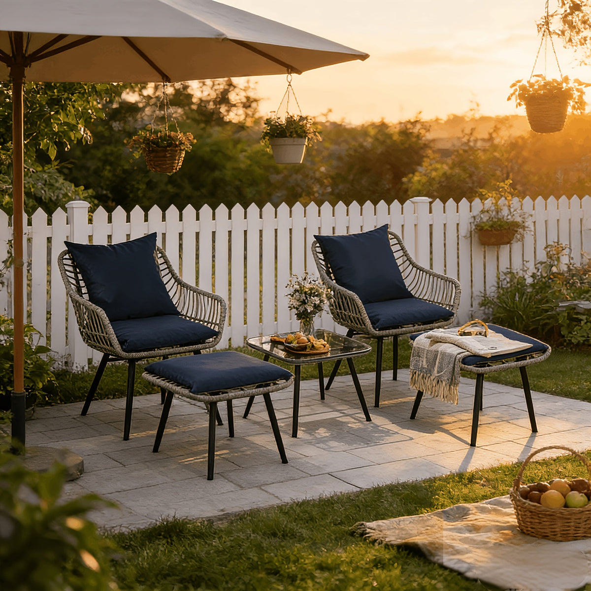 Five-Piece PE Rattan Patio Set with Two Chairs, Two Footstools, Round Glass Table and Gray-Blue Cushions — image 2