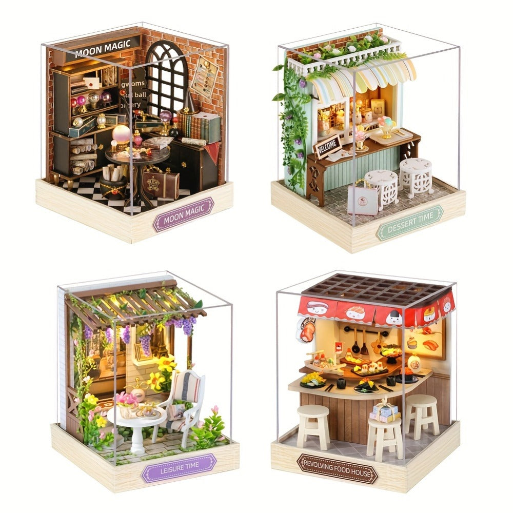 DIY Wooden Tiny House Kit with Dust Cover, Handmade Miniature Dollhouse Puzzle, 3 Themes Afternoon Tea Rotating Food House Mo