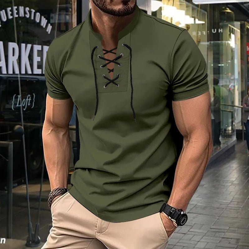 Men's Thin V-neck V-tie Casual Sporty Short Sleeve