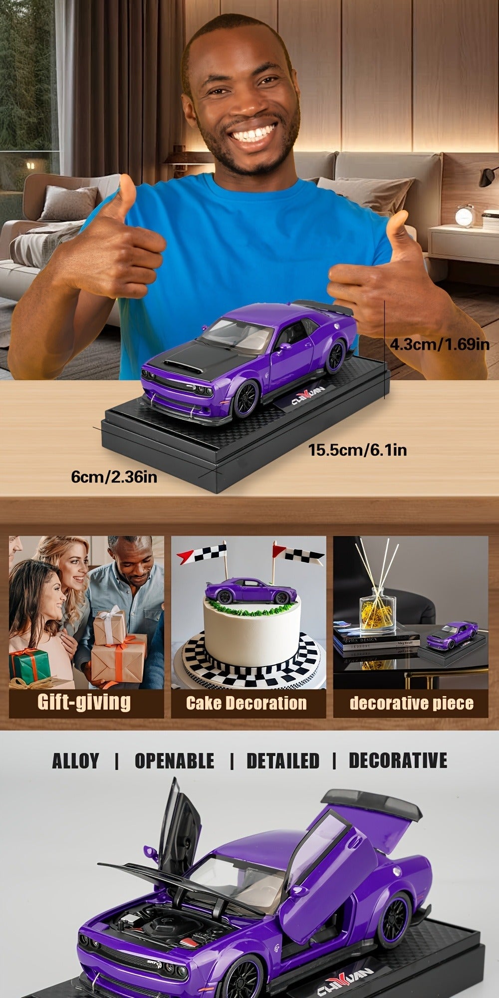 Purple Dodge Sports Car Zinc Alloy Diecast Model with Display Base & Openable Doors, High Simulation Static Display Collectib