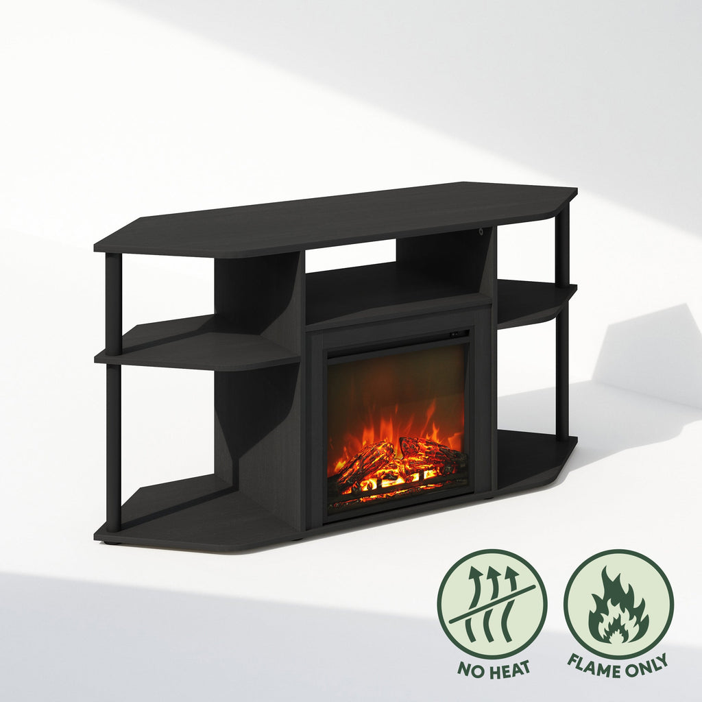 Corner TV Stand with Electric Fireplace, 55" Entertainment Center with Open Storage Shelves & Decorative Plastic Poles — imag