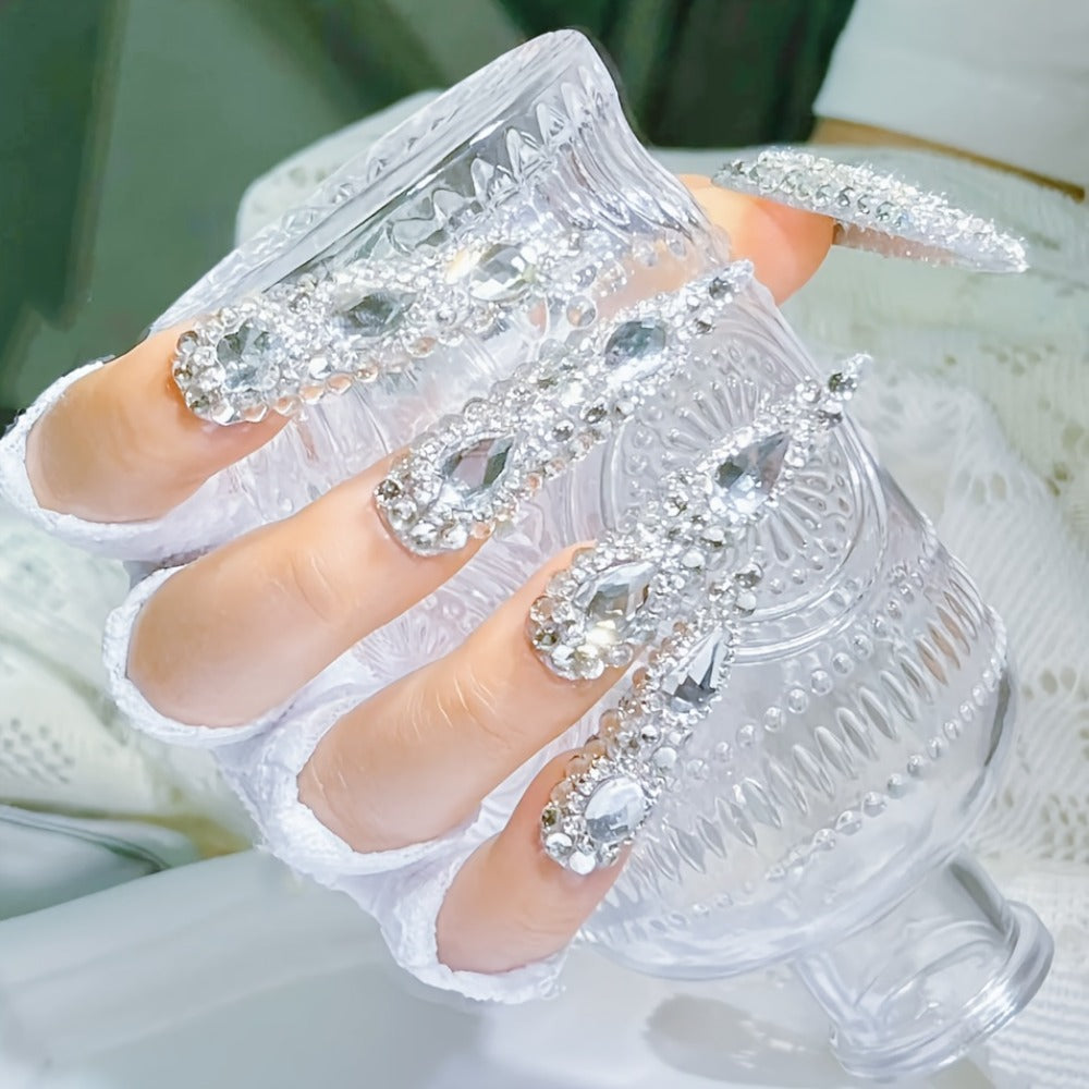 Press On Nails 10-Piece Extra-Long Pointed Almond Set with Silvery Rhinestones — image 3