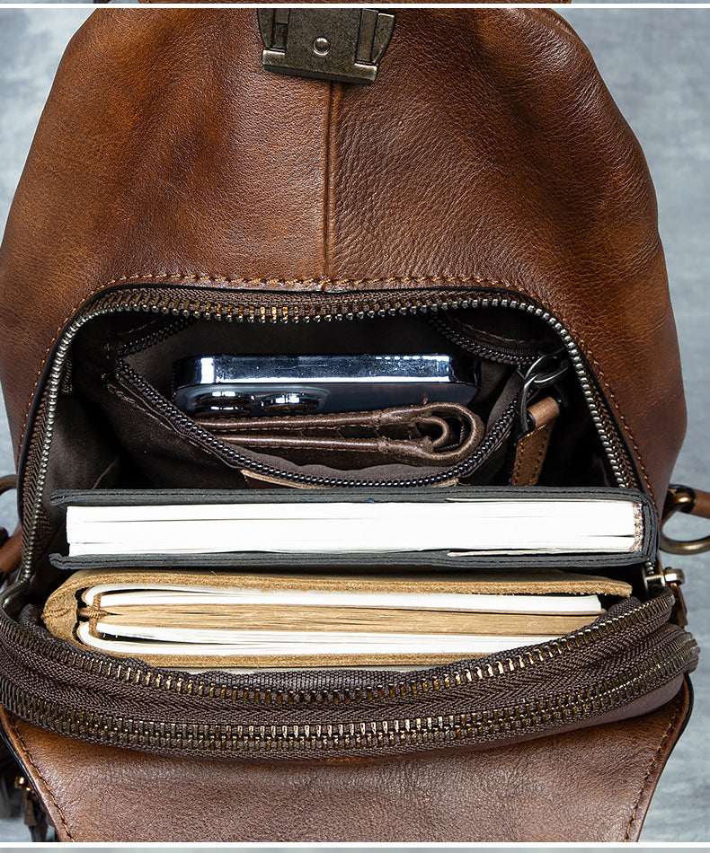 Men's Chest Crossbody Genuine Leather Retro Hand-rubbed Large Capacity Messenger Bag