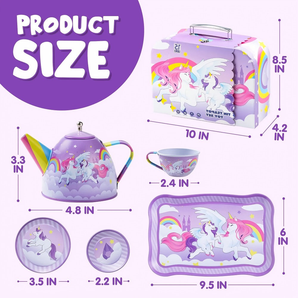 Purple Unicorn Tin Tea Set in Carry Case with Teapot, Four Cups, Four Saucers and Five Plates — image 2