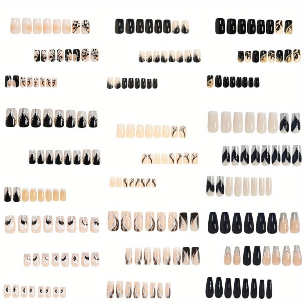 Press On Nails 216-Piece Medium Square Black White 3D Butterfly Marble Set with Jelly Glue and File — image 4