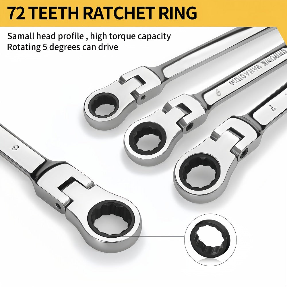 CR-V Flex Head Ratchet Wrench Set 5-Piece – 2-in-1 Reversible Open End & Hex Socket Dual-Purpose Kit | Automotive Engine Bay,