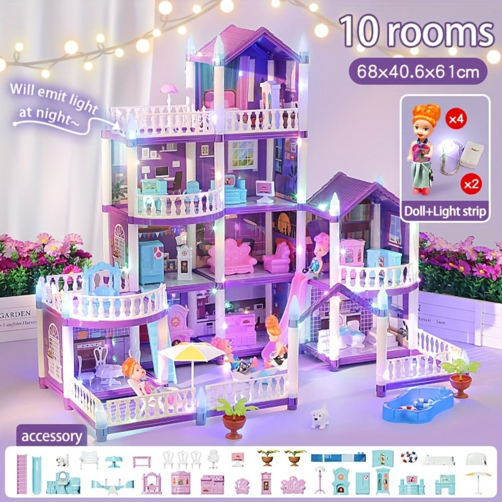LED Dollhouse Playset for Girls, Purple Multi-Room Playhouse with Doll Figures, Puppies, Furniture & LED Lighting — image 7