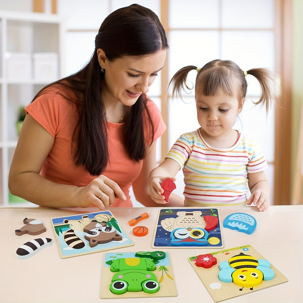 Baby Animal Wooden Puzzles for Toddlers 8 Pack, Infant Learning Toy 12 Months+, Bear Bunny Owl Frog Bee Duck Moose Raccoon — 