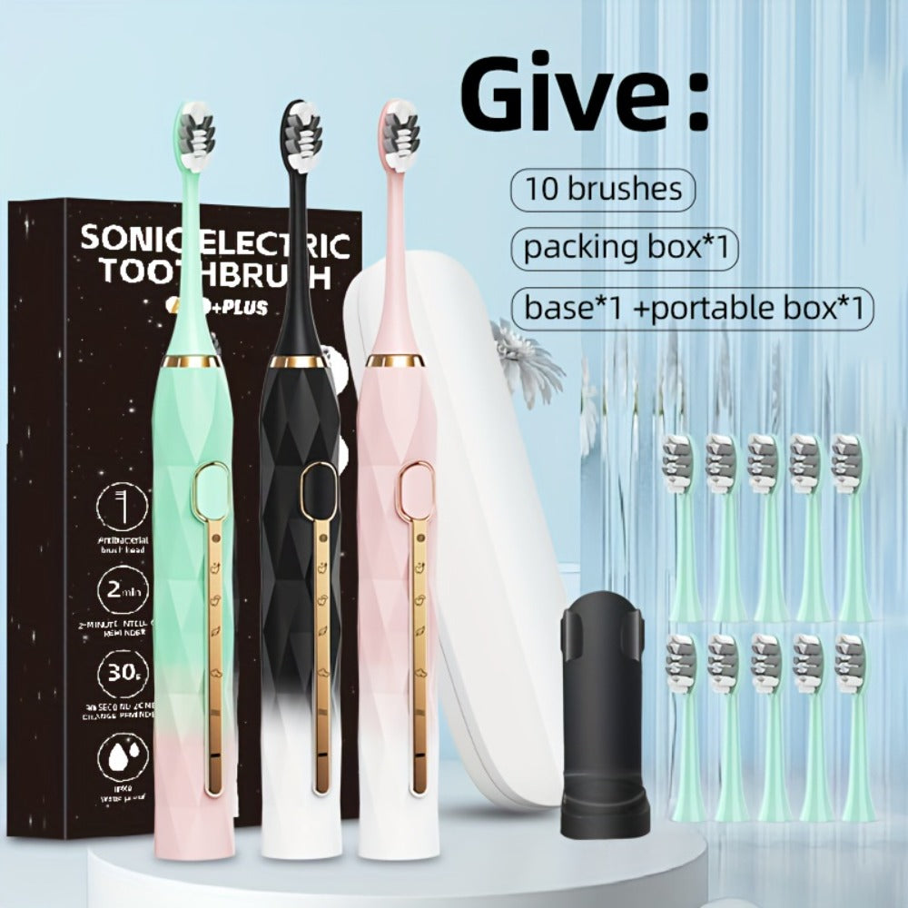 IPX8 Sonic Electric Toothbrush with 8 Replacement Brush Heads – Metal Shaft, USB Rechargeable 500mAh, Travel Case & Holder — 