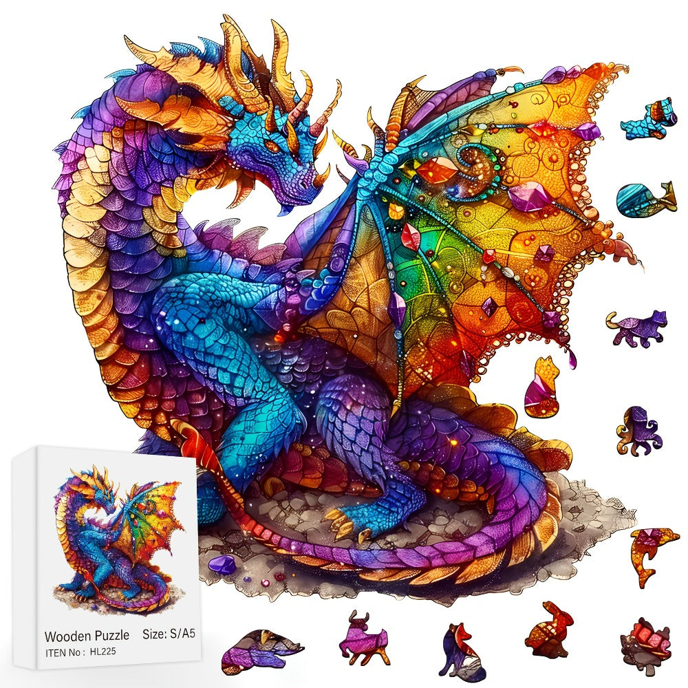 Dragon Wooden Jigsaw Puzzle Gemstone Fantasy – Colorful Irregular Animal Shaped Pieces, Unique Non-Repetitive Plywood Brain T