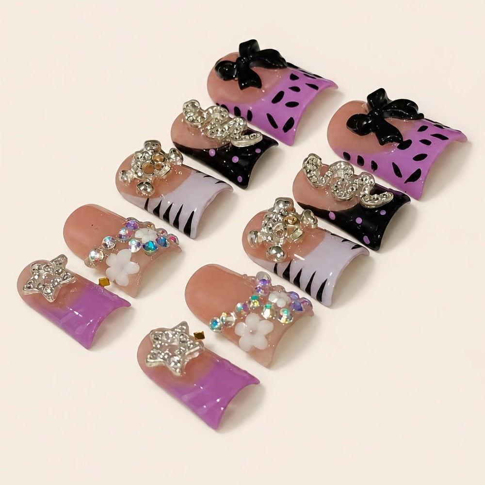 Press On Nails 10-Piece Handmade Short Duckbill Leopard Skull Rhinestone Acrylic Set with Tools — image 7