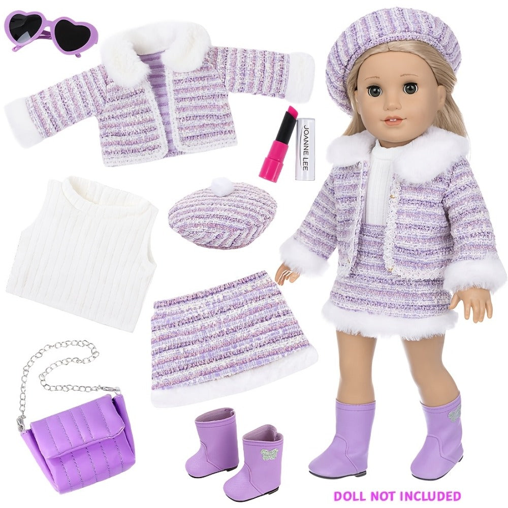 18 Inch Doll Knitted Clothes Outfit Set with Hat Jacket Skirt Shoes Socks Sunglasses Lipstick — image 5
