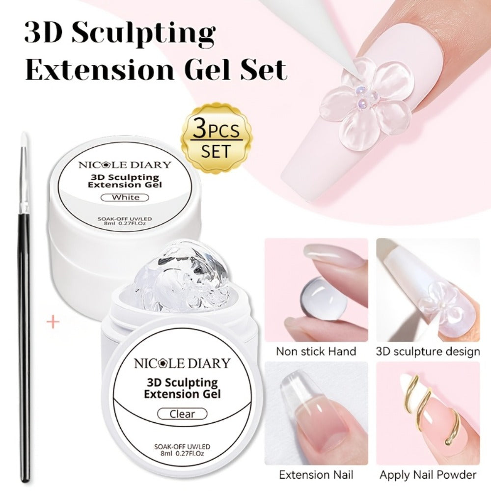 3D Sculpting Builder Gel Kit with Carving Pen – Clear & White Nail Extension Gel for Floral Nail Art, Acrylic Extensions & DI
