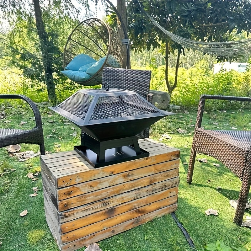 18.5-Inch Black Square Fire Pit and Grill with Mesh Pyramid Cover, Cooking Grate and Long Poker — image 5