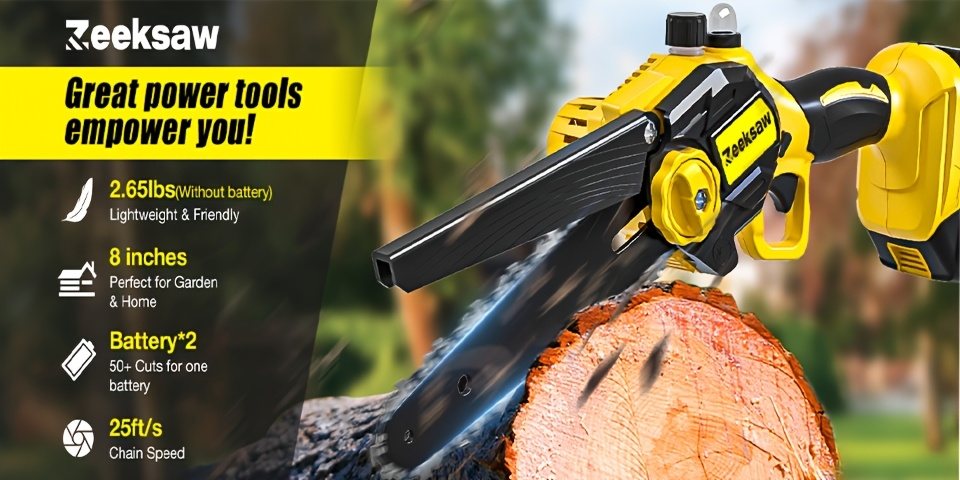 Cordless Mini Chainsaw 8 Inch with 2x2.0Ah Batteries & Charger, Auto Oiler, Chain Tensioning, 26ft/s Speed for Tree Branches 