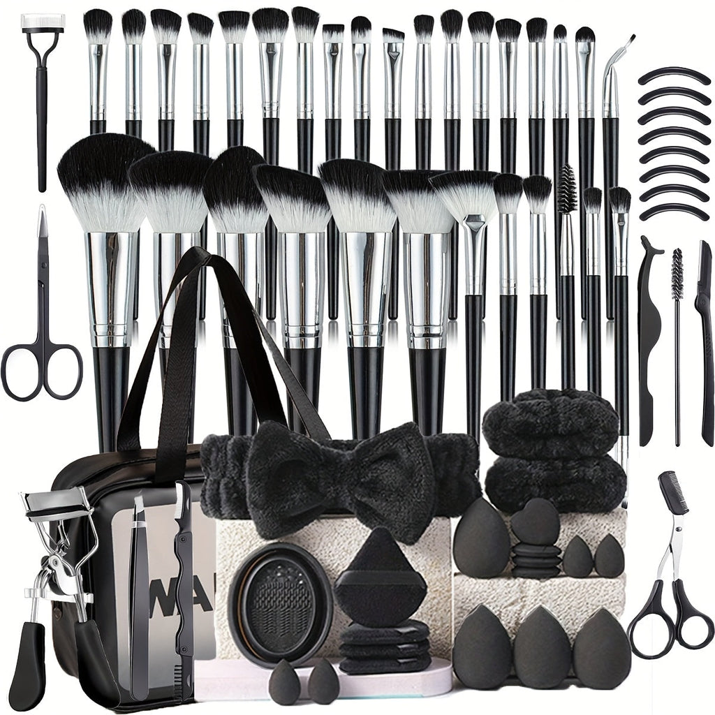 68PCS Makeup Tool Set 30 Black Brushes 17 Eyelash Tools with Wash Bowl & Bag – Complete Face Eye Lash Kit Foundation Contour 