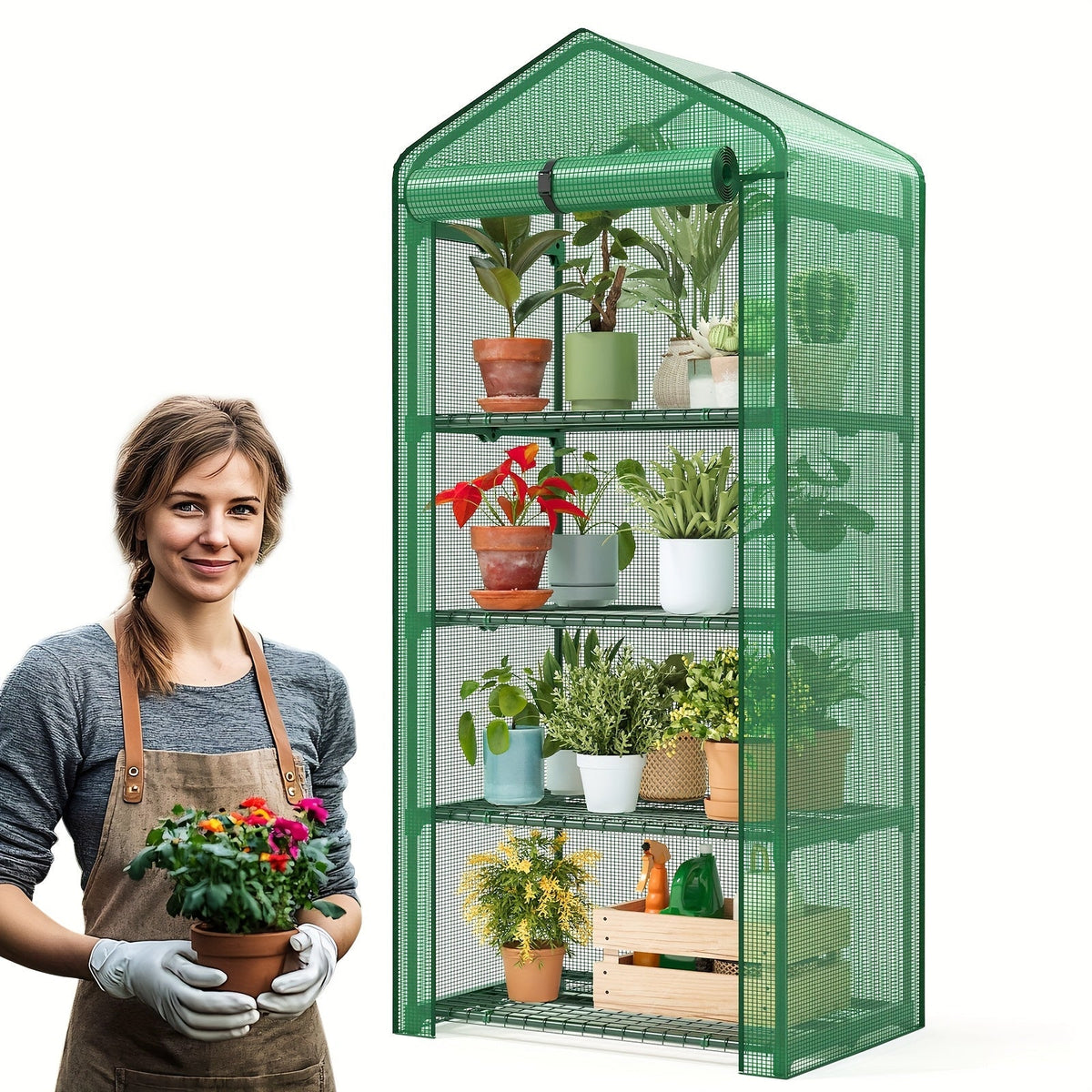 4 Tier Mini Greenhouse for Indoor Outdoor Plants, Portable PE Cover Greenhouse with Rack Stand for Seedlings — image 4