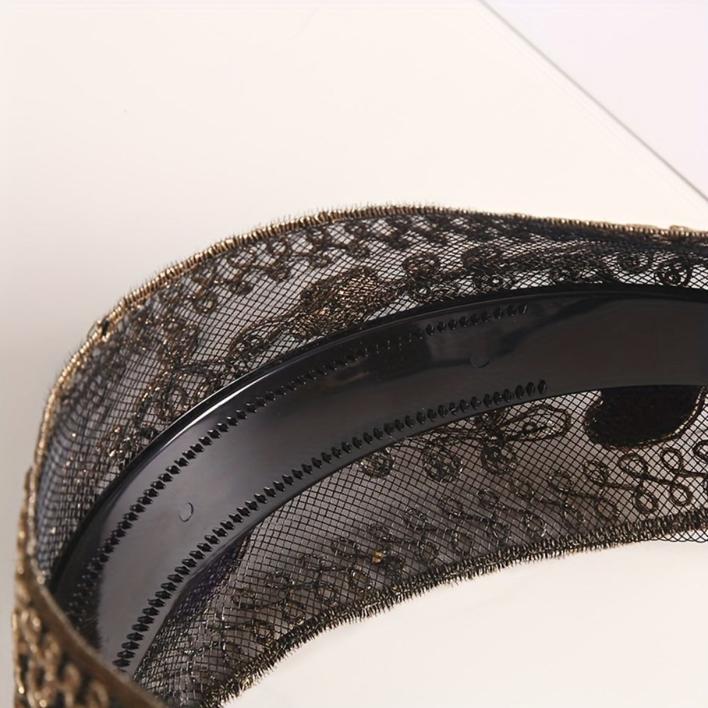 Lace Sequin Flower Headbands for Women 2pcs Wide Non-Slip Boho Retro Embroidered Hair Hoops for Daily Wear Spring Summer Wedd