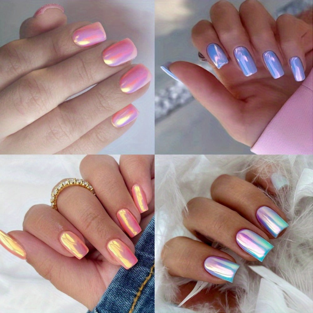 Press On Nails 96-Piece Short Square Set with Pink Chrome Mirror Metallic Full-Cover Finish — image 17